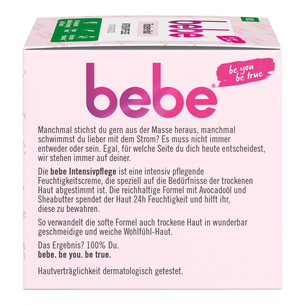 Bebe Intensivpflege Verpackung. Text: bebe, Intensivpflege, trockene Haut. Text über Inhaltsstoffe und dermatologische Tests.