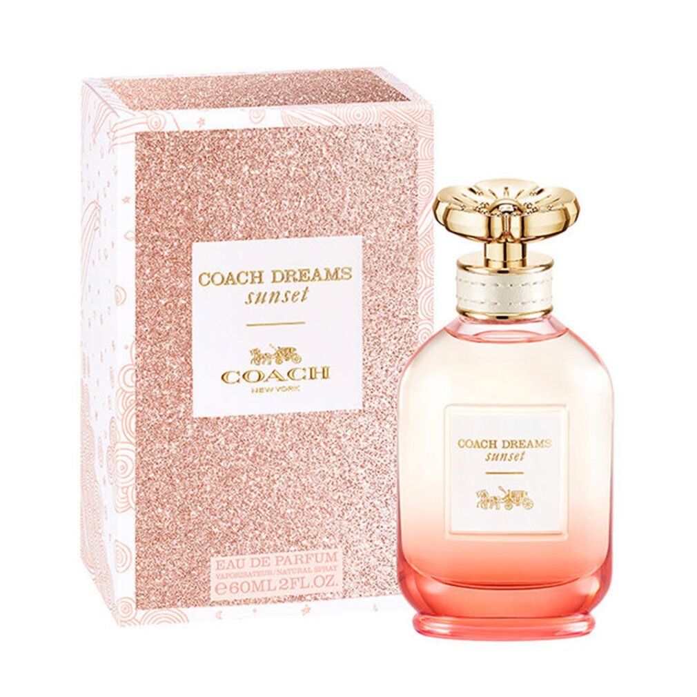 Parfümflakon und Verpackung. Flakon mit goldfarbenem Deckel. Verpackung mit "COACH DREAMS sunset". Farbverlauf von rosa nach orange.