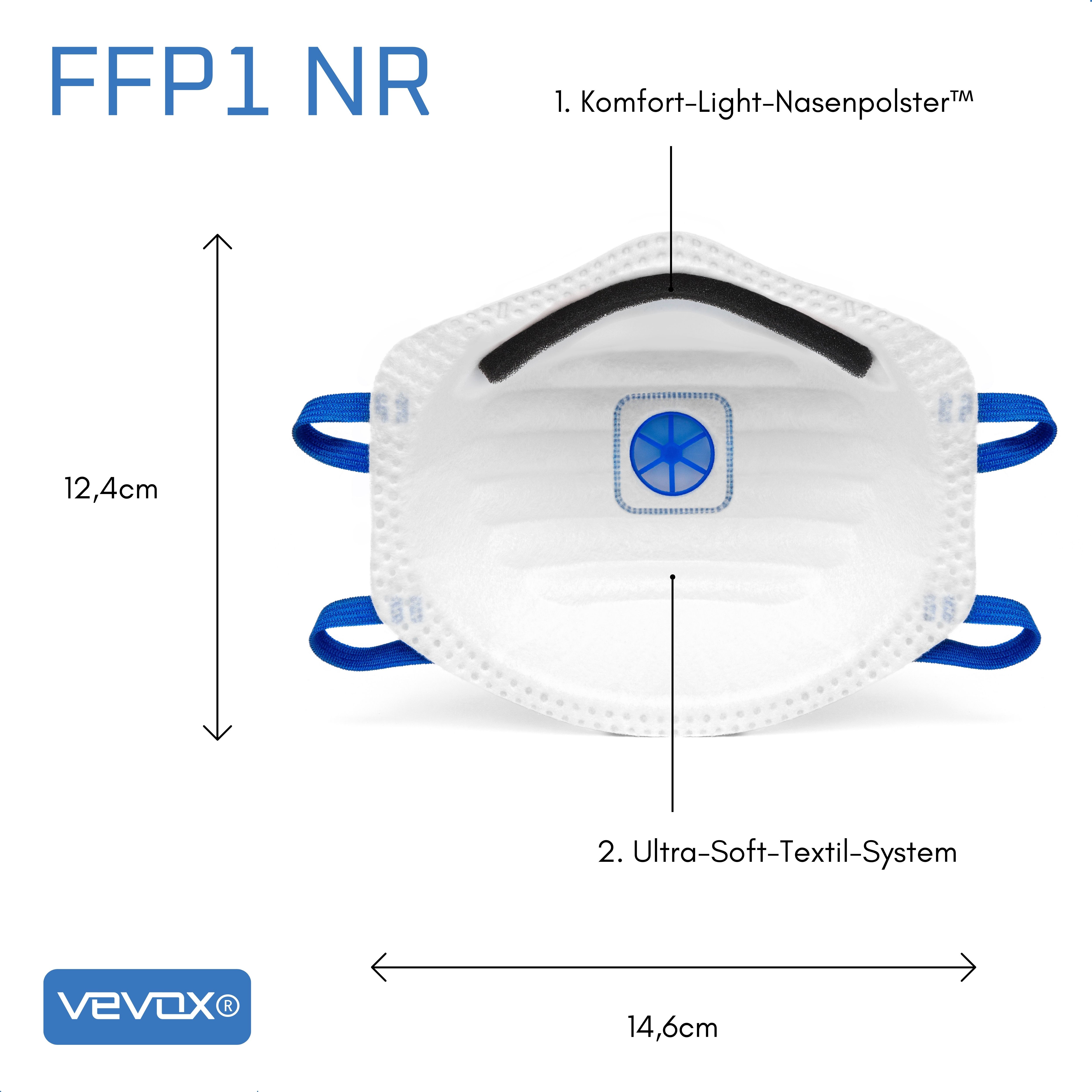 FFP1-Maske mit Maßangaben: 12,4 cm hoch, 14,6 cm breit. VEVOX-Logo und Produktmerkmale sind beschriftet.