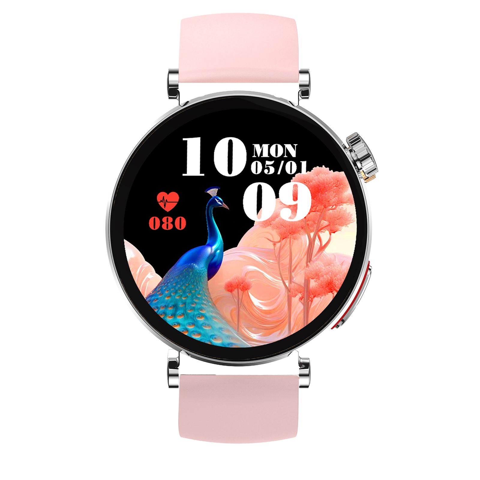 Rosafarbene Smartwatch mit rundem Zifferblatt. Anzeige: Datum, Uhrzeit, Herzfrequenz. Silberfarbenes Gehäuse, rosa Armband.