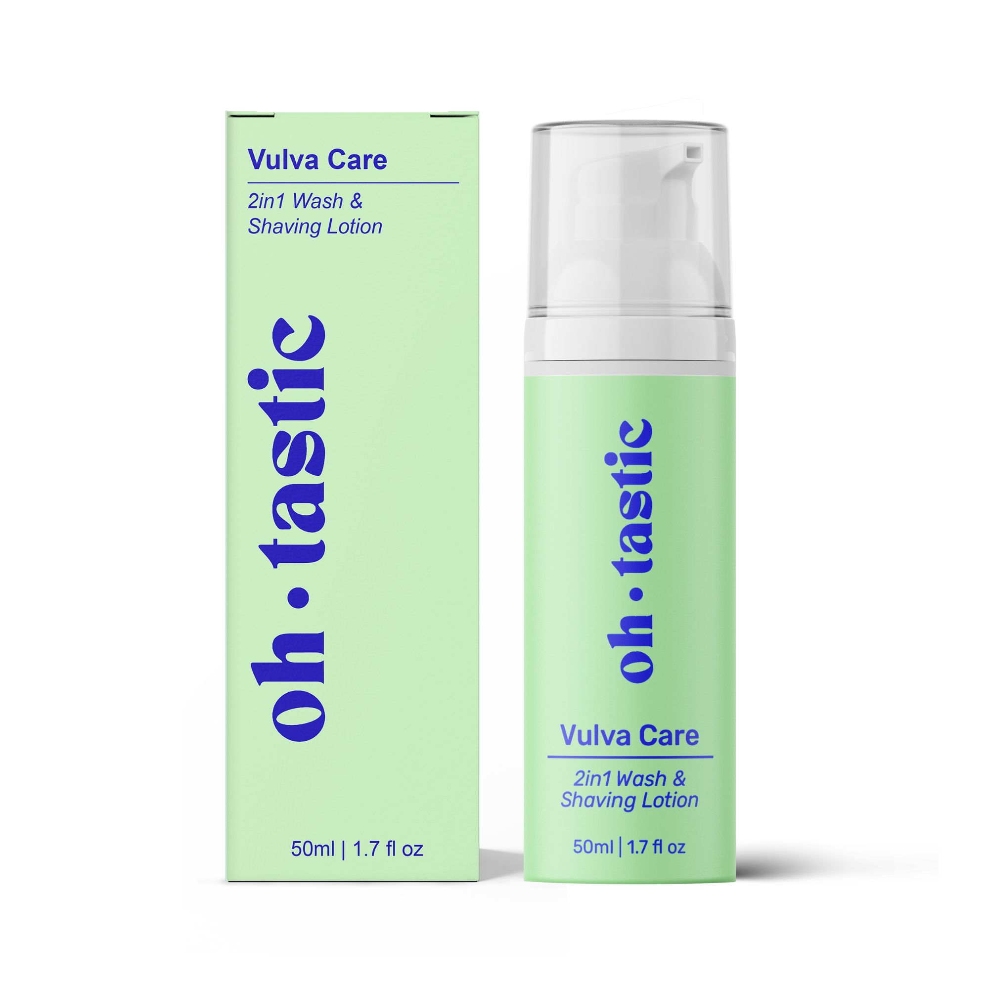Grüne Flasche und Verpackung mit Produktnamen und Text. 50ml | 1.7 fl oz. Produktname: oh.tastic 2in1 Sensitiv Wash & Shaving Lotion.