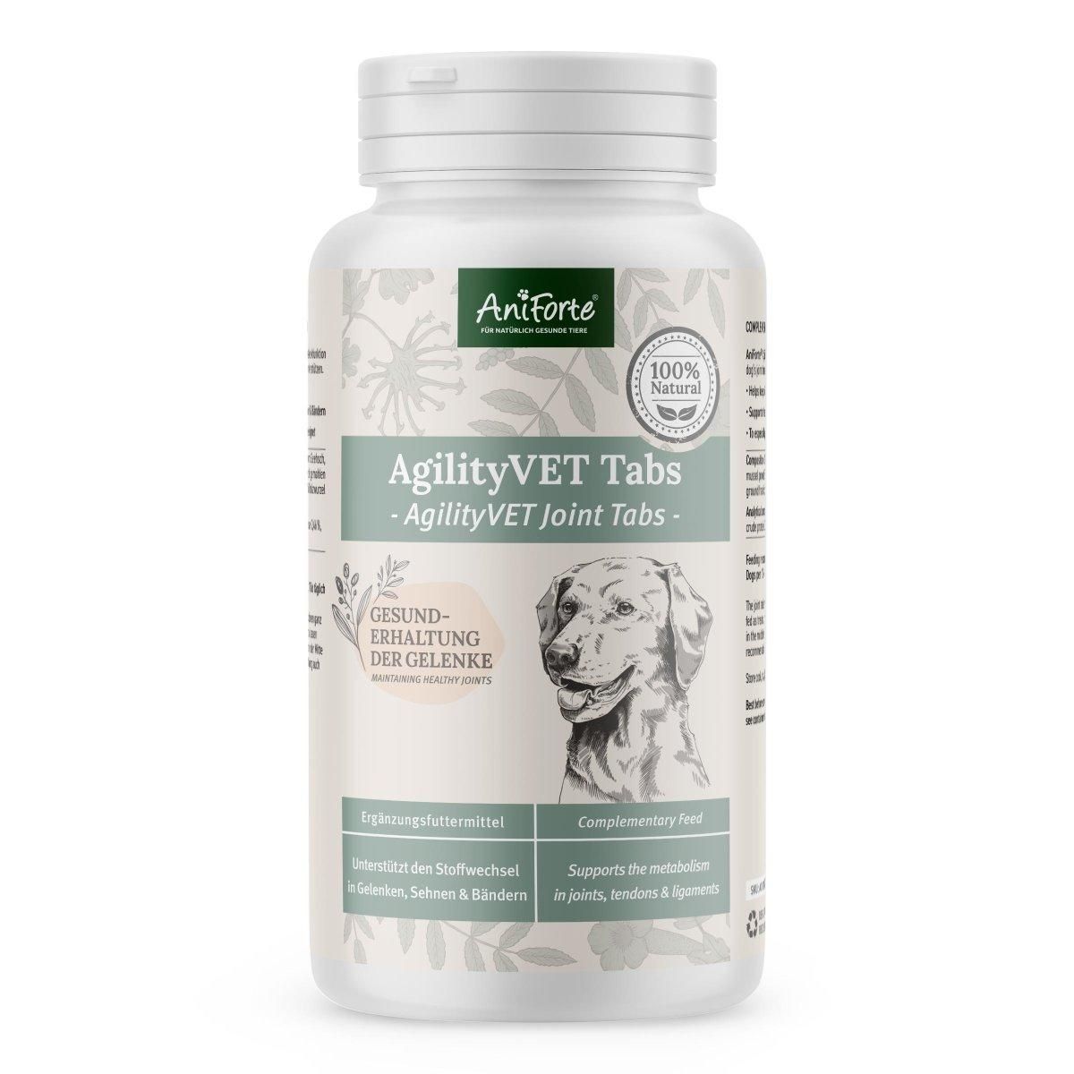 Weißes Tabletten-Behältnis mit AniForte-Logo. Text: AgilityVET Tabs - AgilityVET Joint Tabs - Gesunderhaltung der Gelenke.