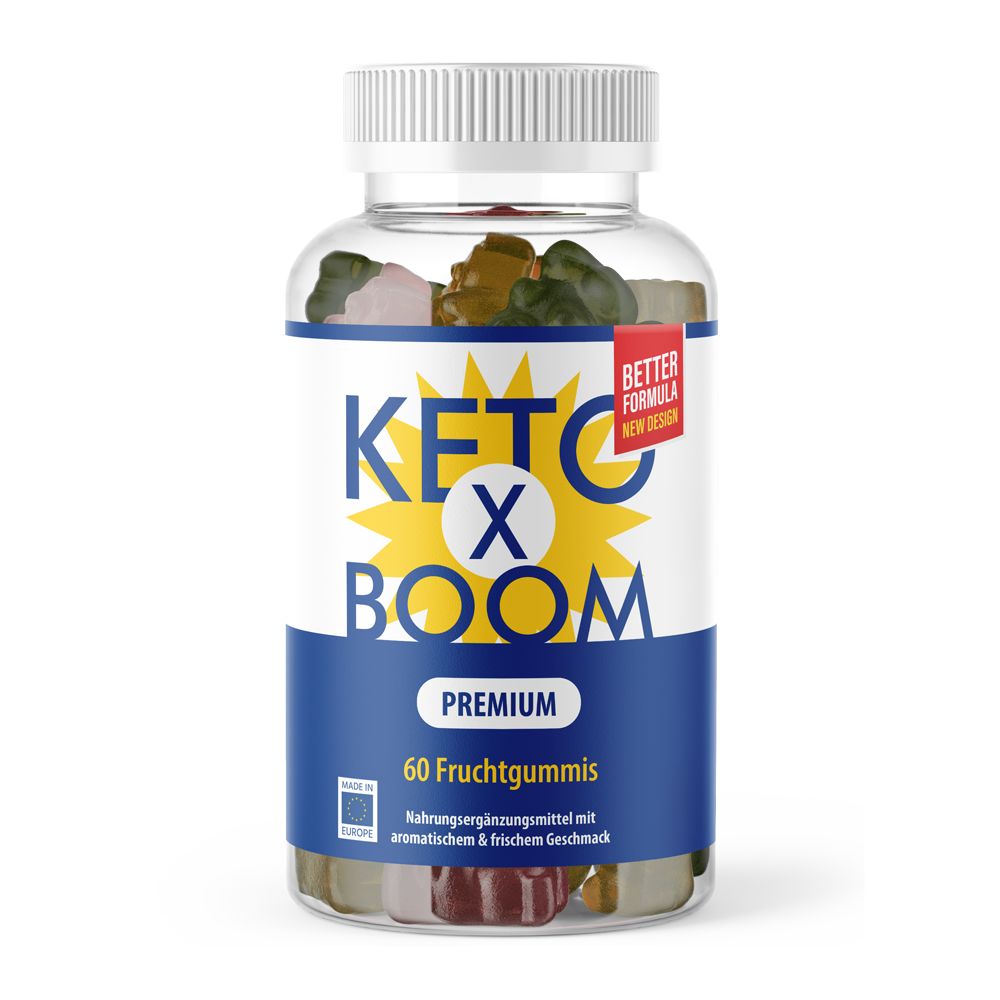Klare Plastikflasche mit weißen Deckel. Aufkleber mit blauem Streifen, gelbem Stern und Schriftzug KETO X BOOM. Enthält Fruchtgummis.