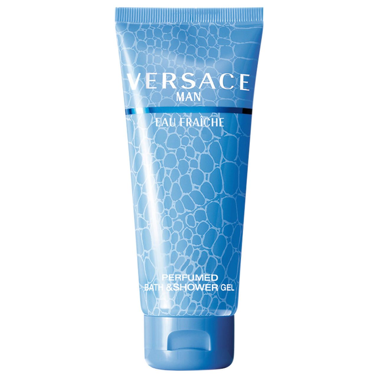 Versace Man Eau Fraiche Duschgel in hellblauer Tube mit Krokodilleder-Muster.