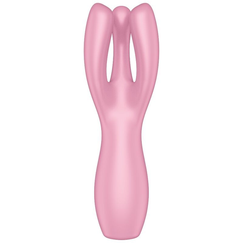 Rosa Auflegevibrator mit drei Ausläufern. Glatte Oberfläche, ergonomische Form. Auf weißem Hintergrund.