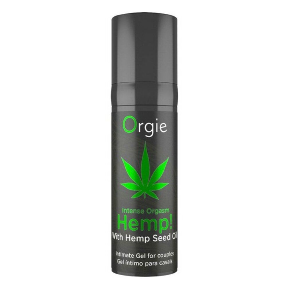 Dunkelgraue Flasche mit grünem Etikett. Text: Orgie, Intense Orgasm Hemp!, Hanfblatt-Symbol. Intimate Gel für Paare.