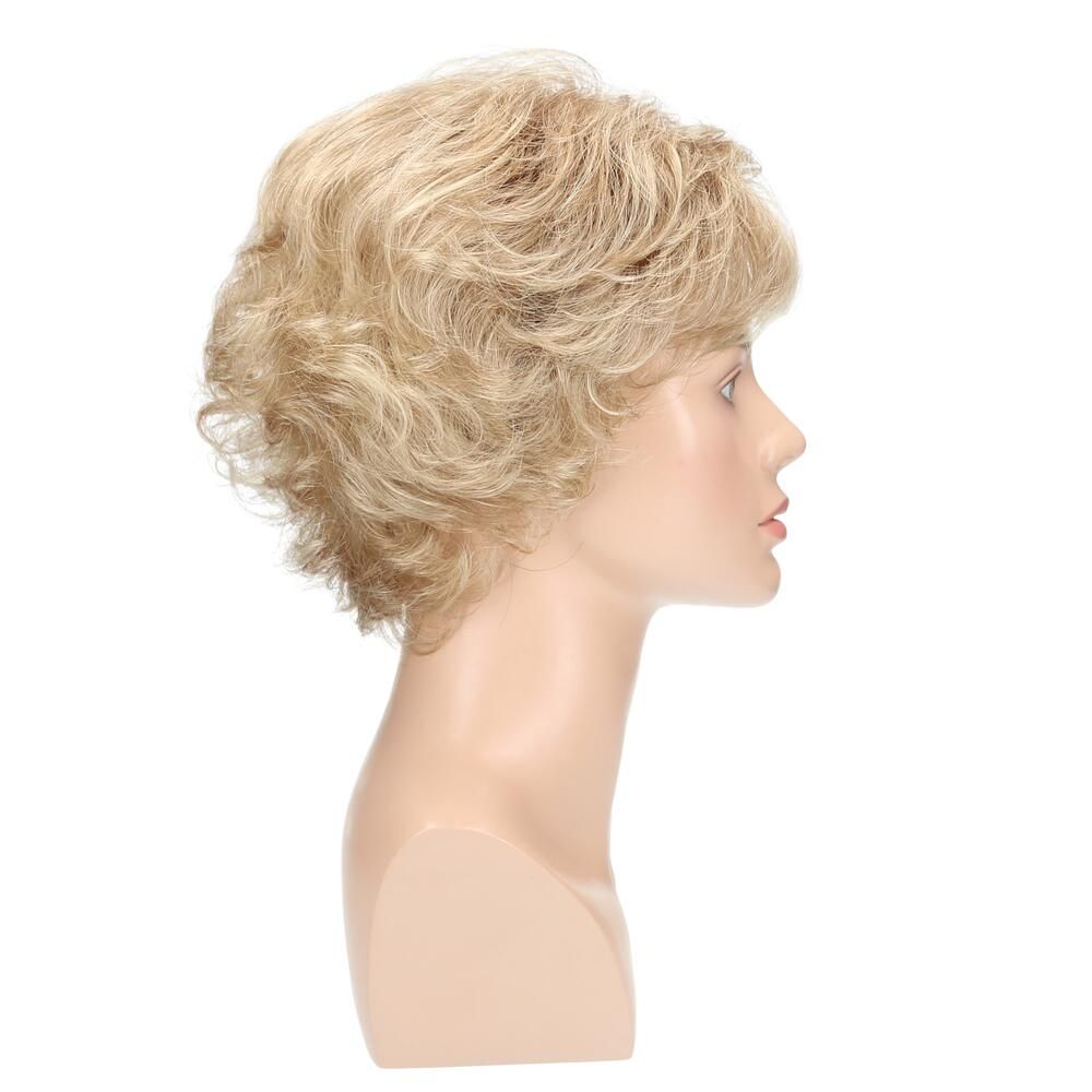 Perücke Iris von Lofty auf Büste. Blondes, kurzes Haar. Seitenansicht.