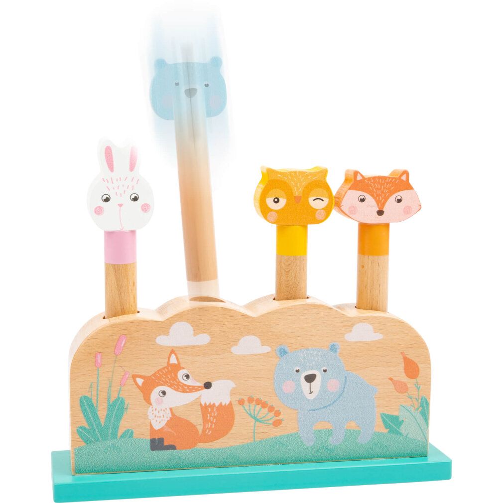 Holzspielzeug mit Tierfiguren. Ein Bär wird nach oben gedrückt. Hase, Eule und Fuchs sind sichtbar.