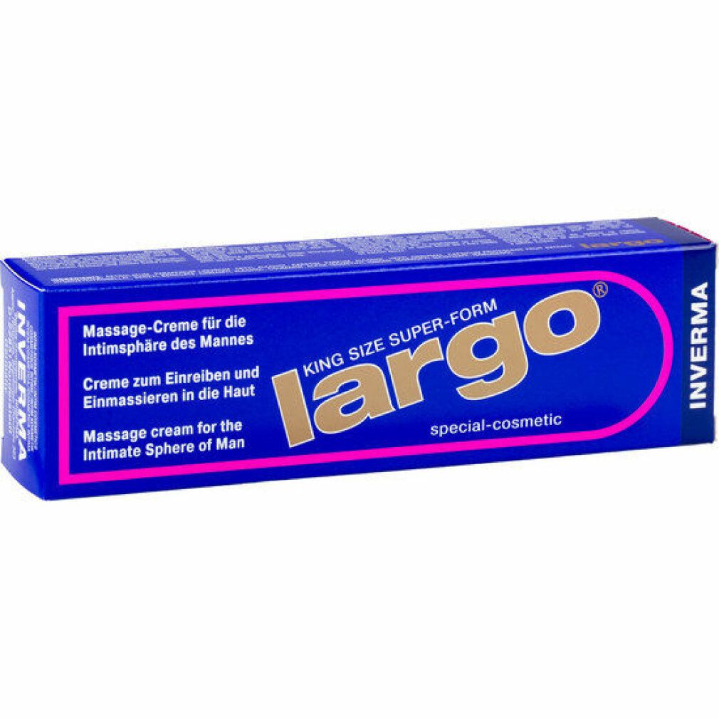 Blaue Schachtel mit rosa Schriftzug Largo. Text: Massage-Creme für Männer. Marke: Inverma.