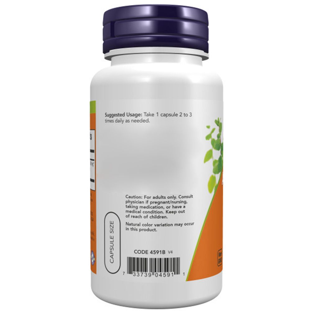 Rückseite der Flasche mit orangefarbenem Etikett. Aufschrift: Capsule Size. Code 4591B. Hersteller: NOW Foods.