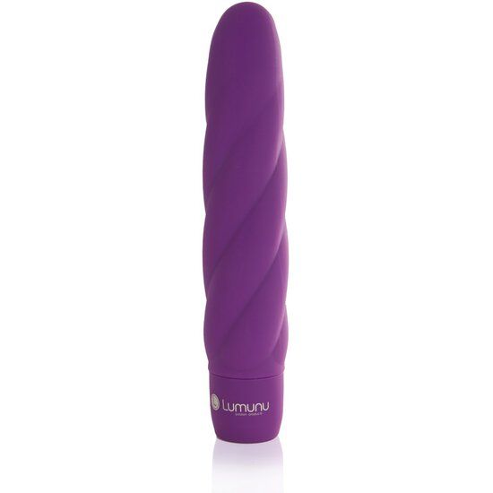 Lila Vibrator mit gedrehter Form. Unten steht "Lumunu".