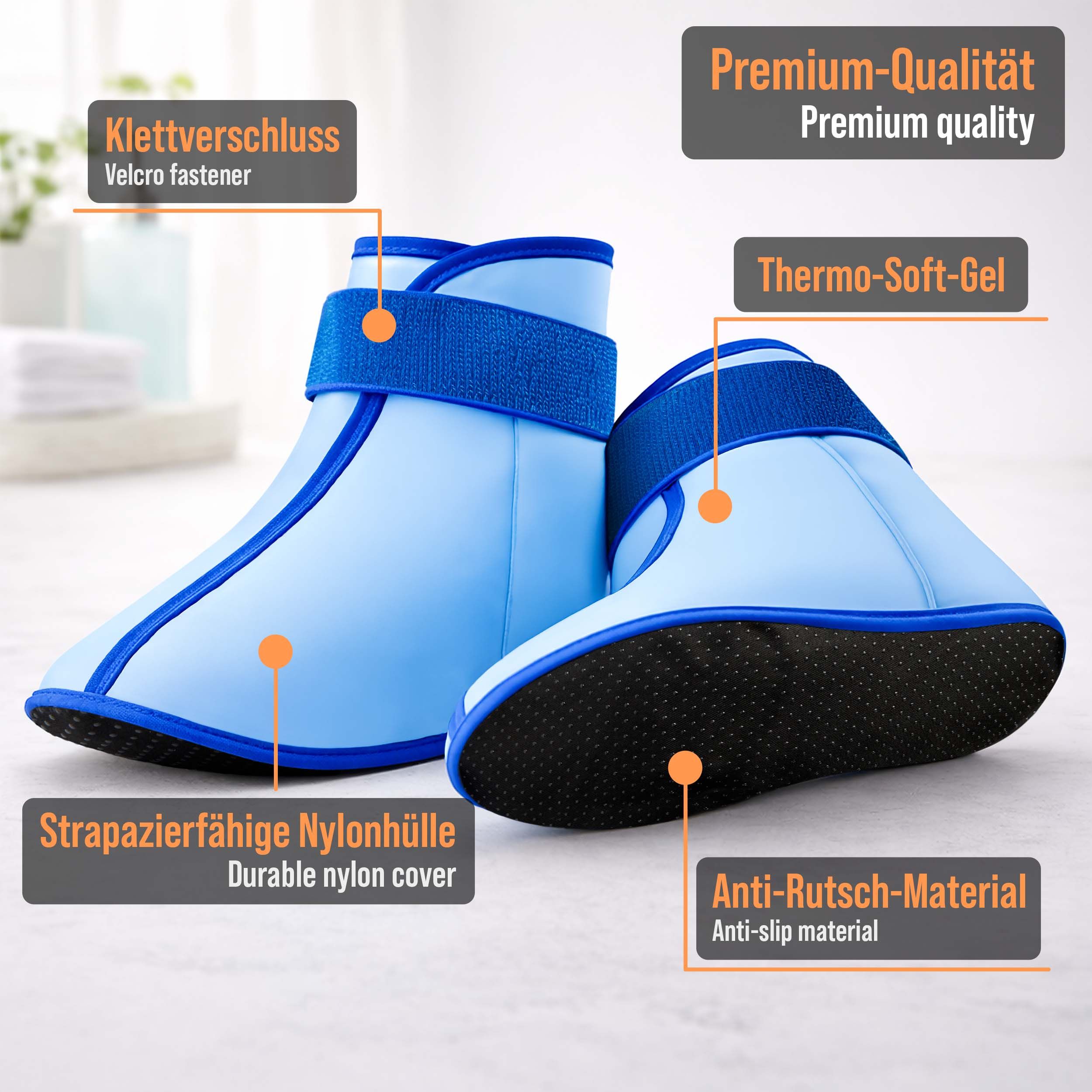 Zwei blaue Kühl- und Wärme-Stiefel mit Klettverschluss und Anti-Rutsch-Material. Beschriftungen: Klettverschluss, Strapazierfähige Nylonhülle, Anti-Rutsch-Material.