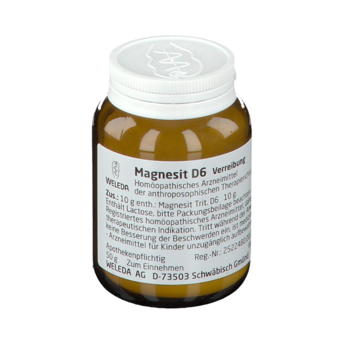 Braune Glasflasche mit weißem Deckel. Etikett mit Text: Magnesit D6 Verreibung, WELEDA. Apothekenpflichtig.