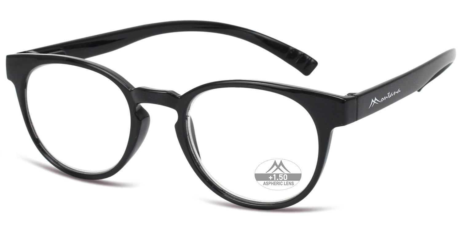 Schwarze Brille mit runden Gläsern. Auf dem Bügel steht "Montana". Auf einem Glas steht "+1.50 ASPHERIC LENS".