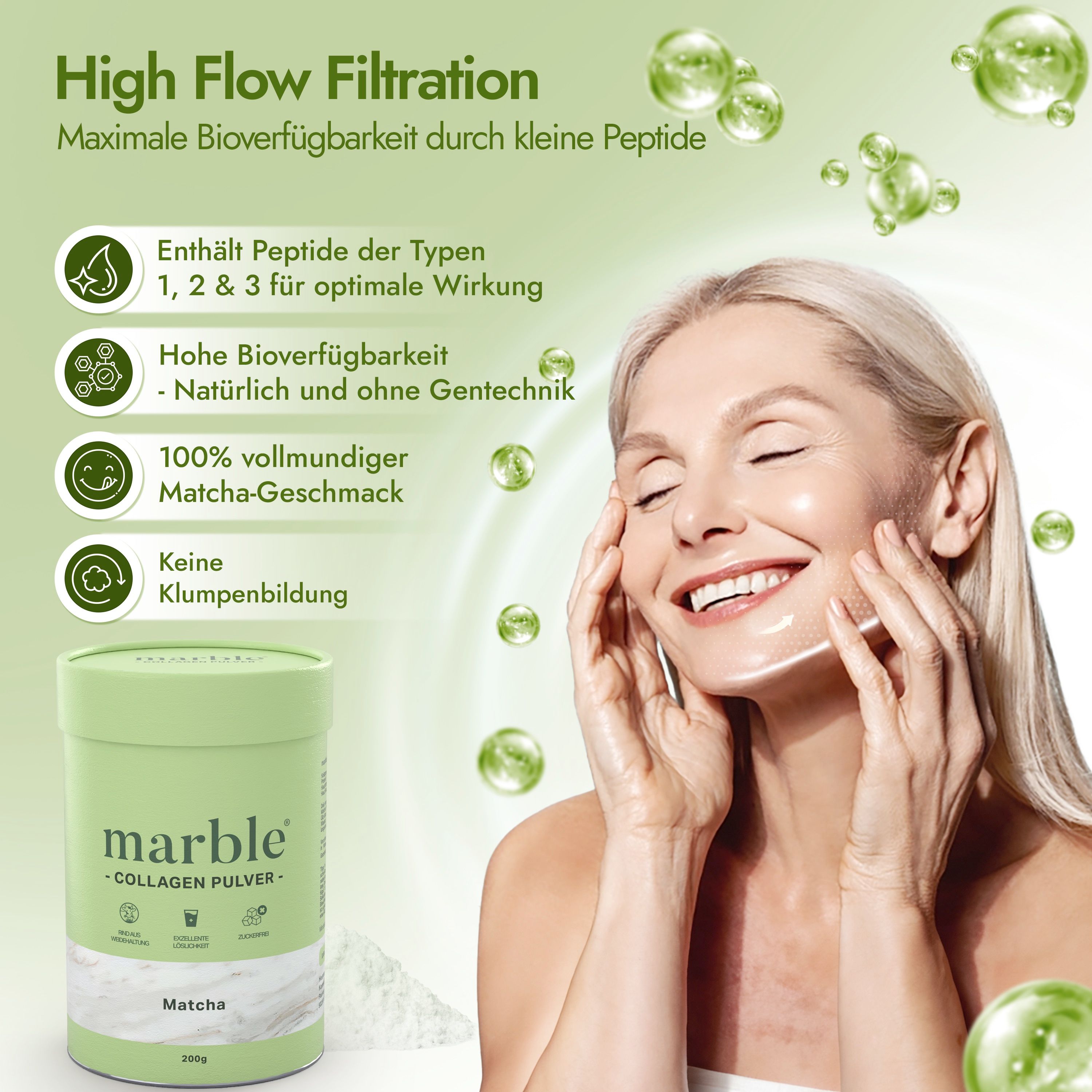 Frau berührt Gesicht, neben Dose 'marble' Collagen Pulver Matcha. Text: 'High Flow Filtration', '100% vollmundiger Matcha-Geschmack'.