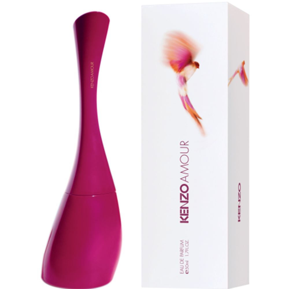 Flasche und Verpackung. Flakon pink, länglich, geschwungen. Verpackung weiß mit Logo und Produktnamen.