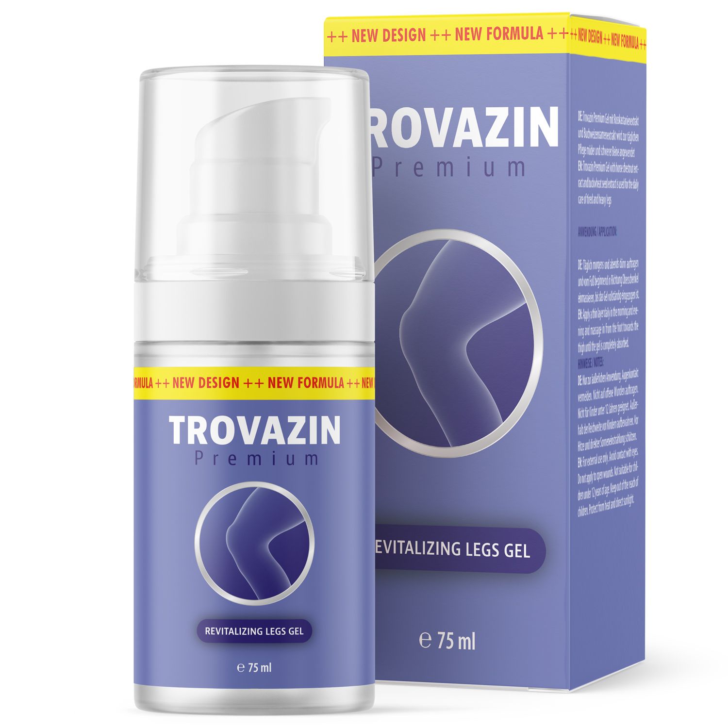 Blau-weiße Flasche mit Produktname und Verpackung. Aufschrift: Trovazin Premium, revitalizing legs gel. Auf der Verpackung: 75 ml.