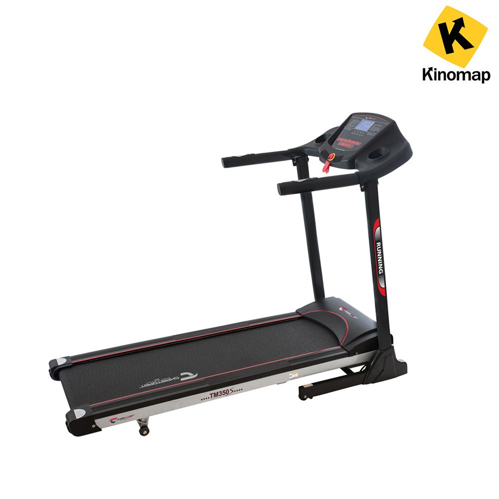 Laufband CHRISTOPEIT SPORT TM 350S. Schwarz, mit roter Linie. Konsole mit Display. Kinomap-Logo.