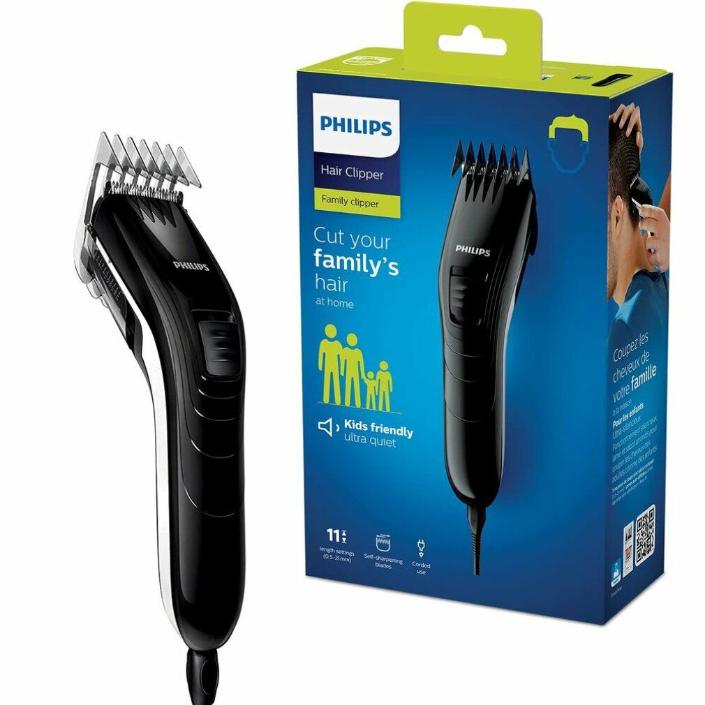 Bart- und Haarschneider neben Verpackung. Verpackung mit Produktabbildung und Text: Philips, Family Clipper.
