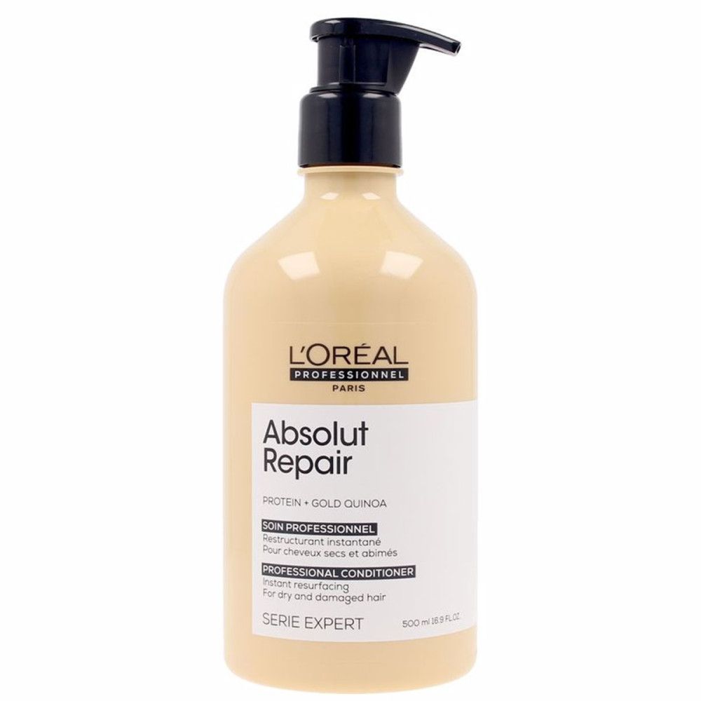 Beige Flasche mit schwarzem Pumpkopf. Aufschrift: L'Oréal Professionnel, Absolut Repair, Serie Expert. Für trockenes und geschädigtes Haar.