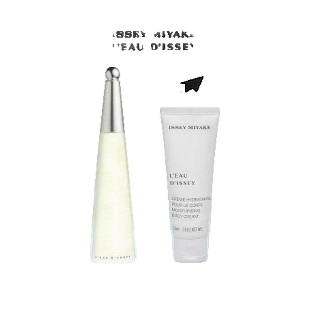 Zwei Produkte: Flakon und Tube. Flakon konisch, silberner Deckel. Tube weiß, Schriftzug L'Eau d'Issey.