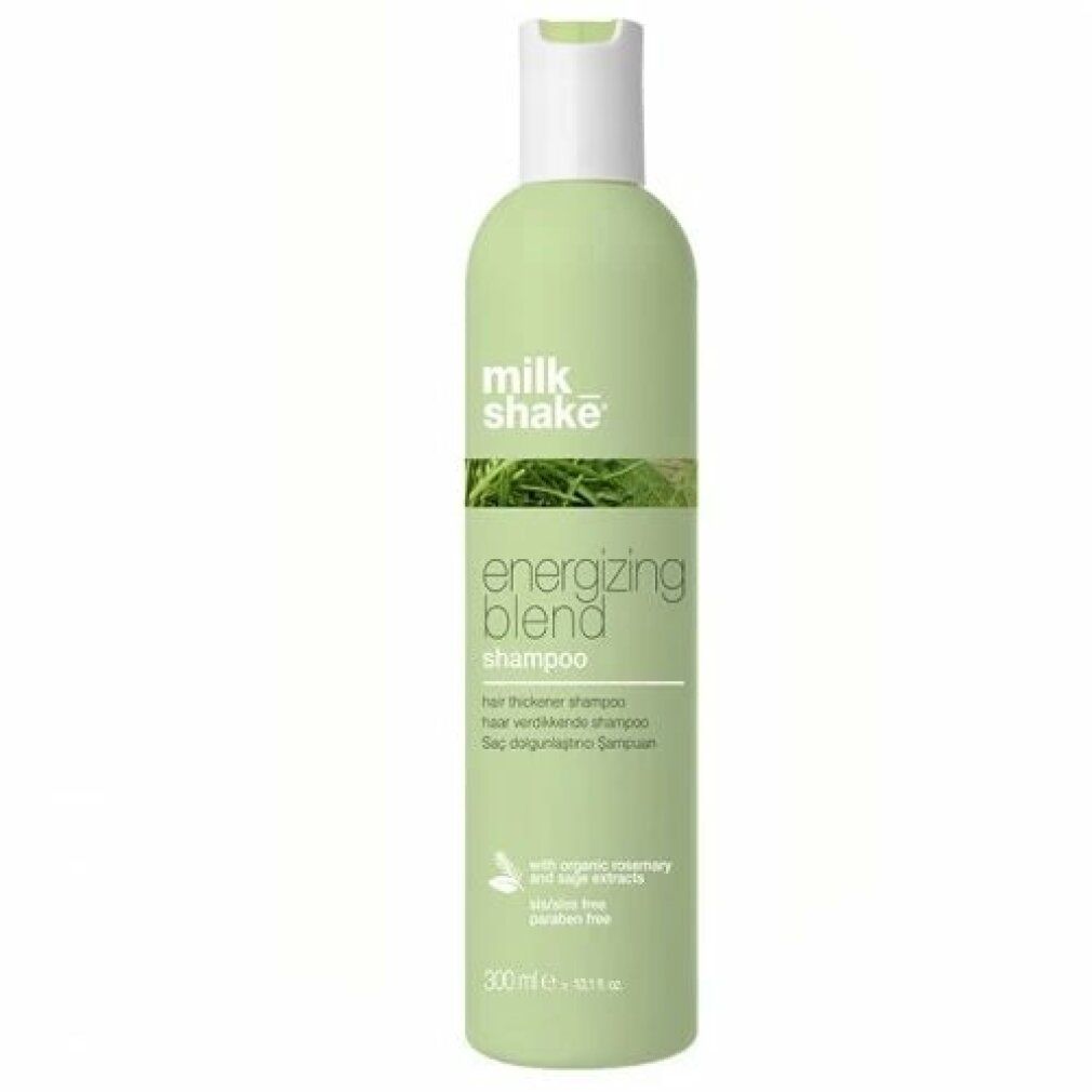 Hellgrüne Shampoo-Flasche mit weißem Deckel. Aufschrift: energizing blend shampoo. Marke: milk shake.