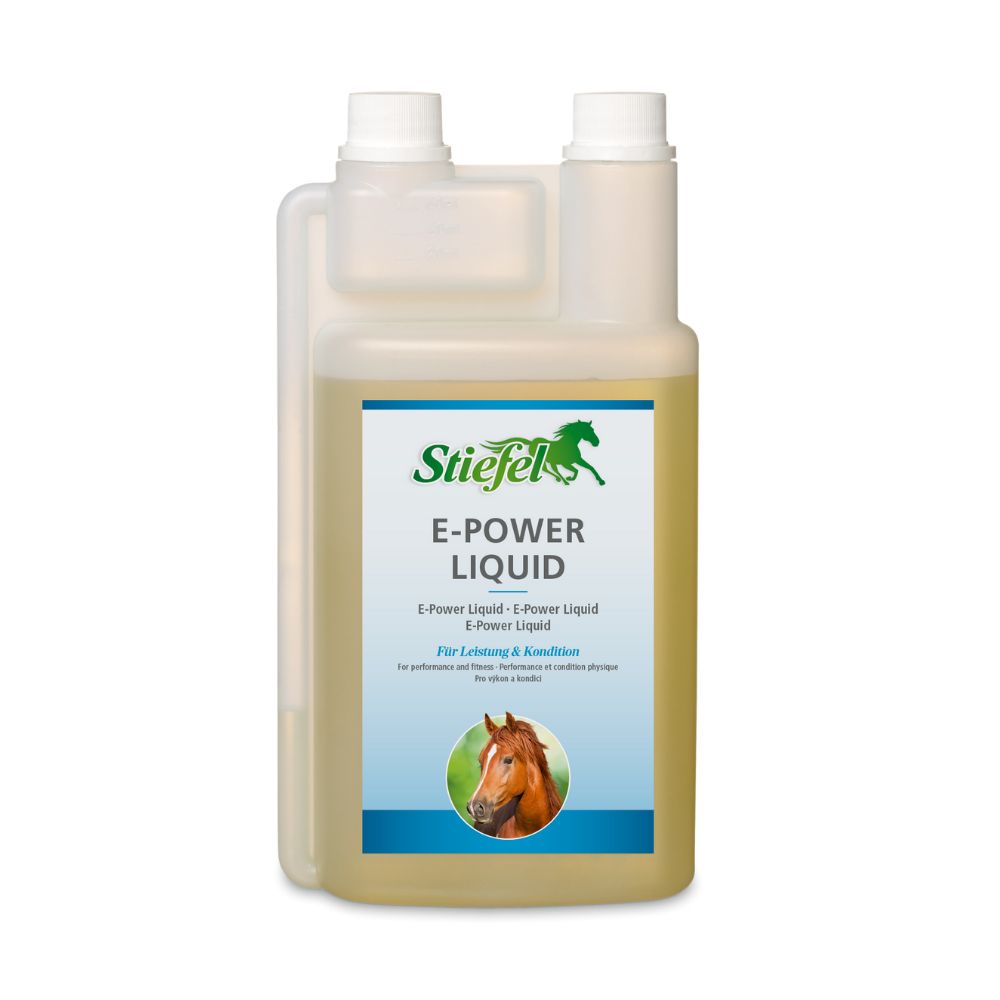 Beige Flüssigkeit in einer rechteckigen Flasche mit weißem Deckel. Aufschrift: Stiefel E-Power Liquid. Abbildung eines Pferdekopfes.