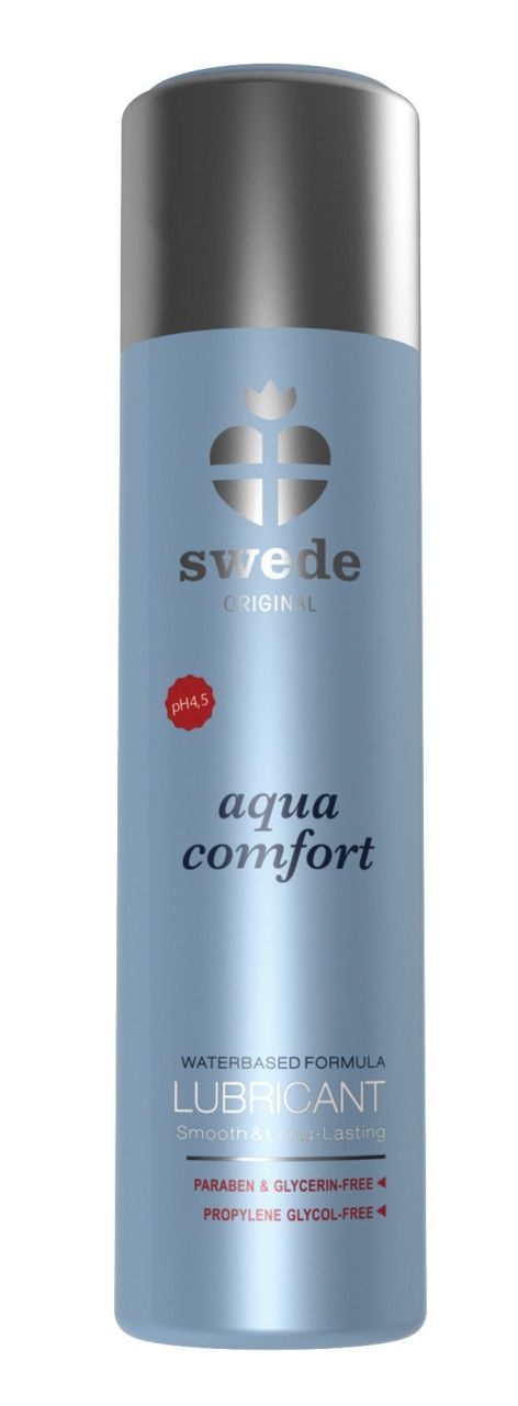 Eine blaue Flasche mit silbernem Deckel. Aufschrift: "Swede Original Aqua Comfort Lubricant". pH-Wert 4,5.