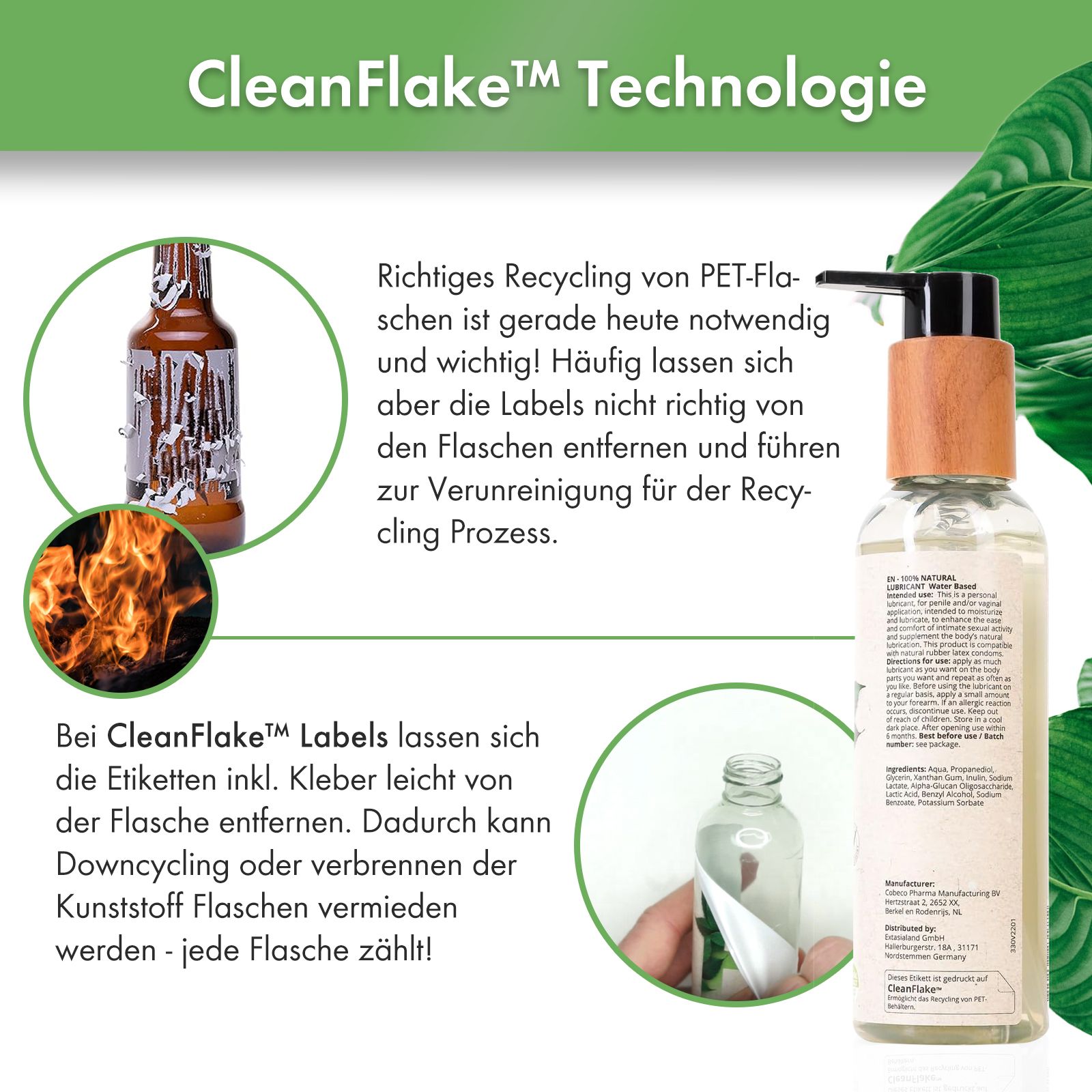 Grafik zeigt CleanFlake Technologie. Flasche mit Etikett, das sich ablösen lässt. Text über Recycling.