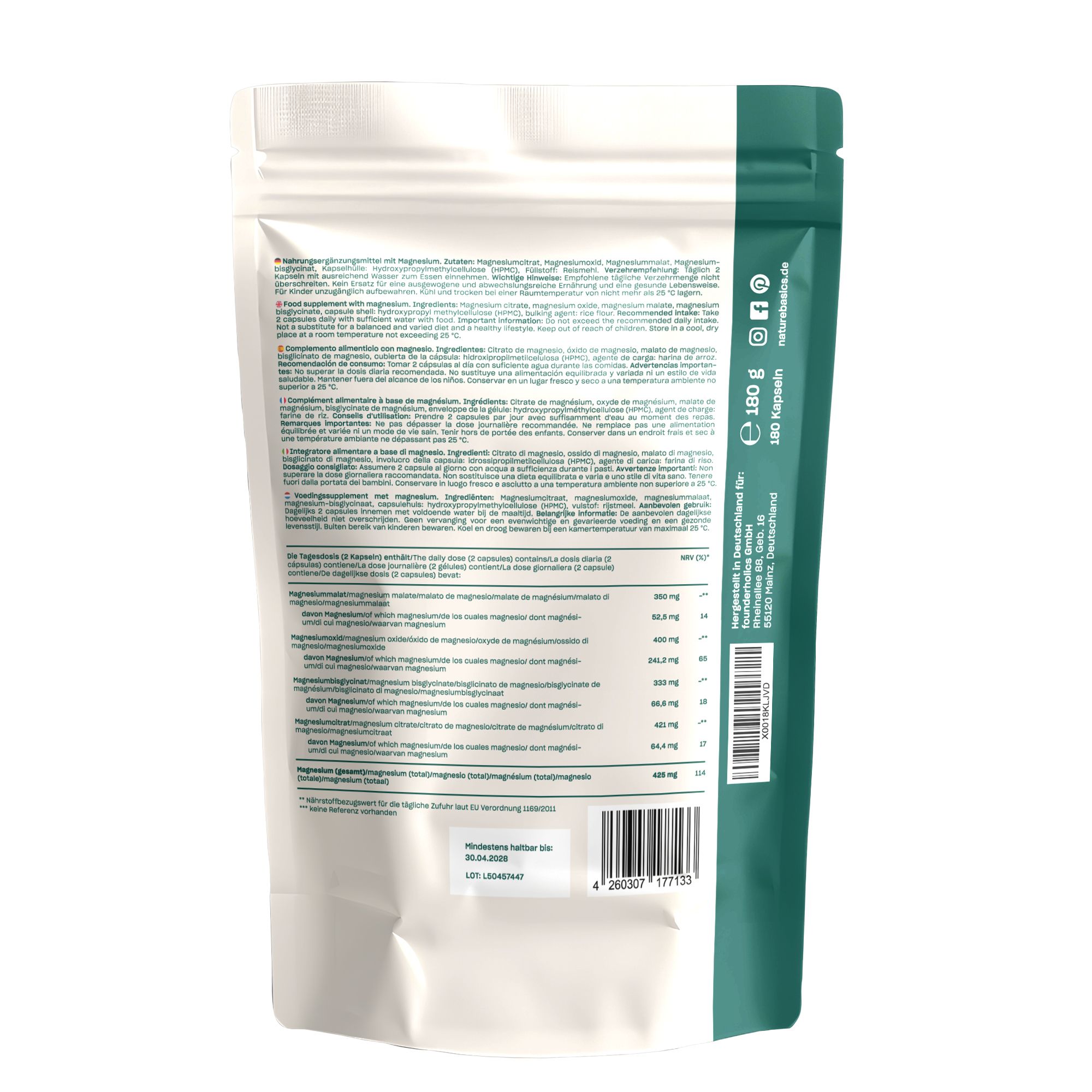 Rückseite eines Beutels mit Magnesium Komplex. Enthält detaillierte Informationen zu Inhaltsstoffen, Nährwerten und Anwendungshinweisen in mehreren Sprachen.