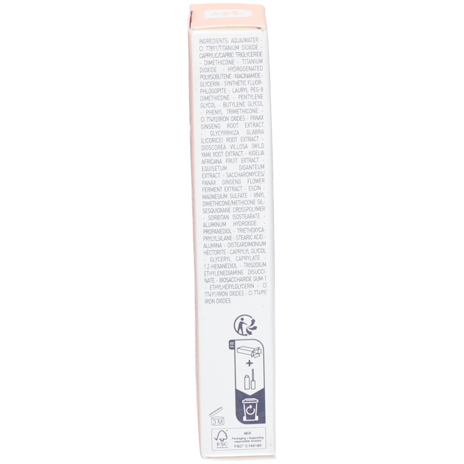 Seite der Erborian SUPER BB Concealer Verpackung. Text mit Inhaltsstoffen und Symbolen.