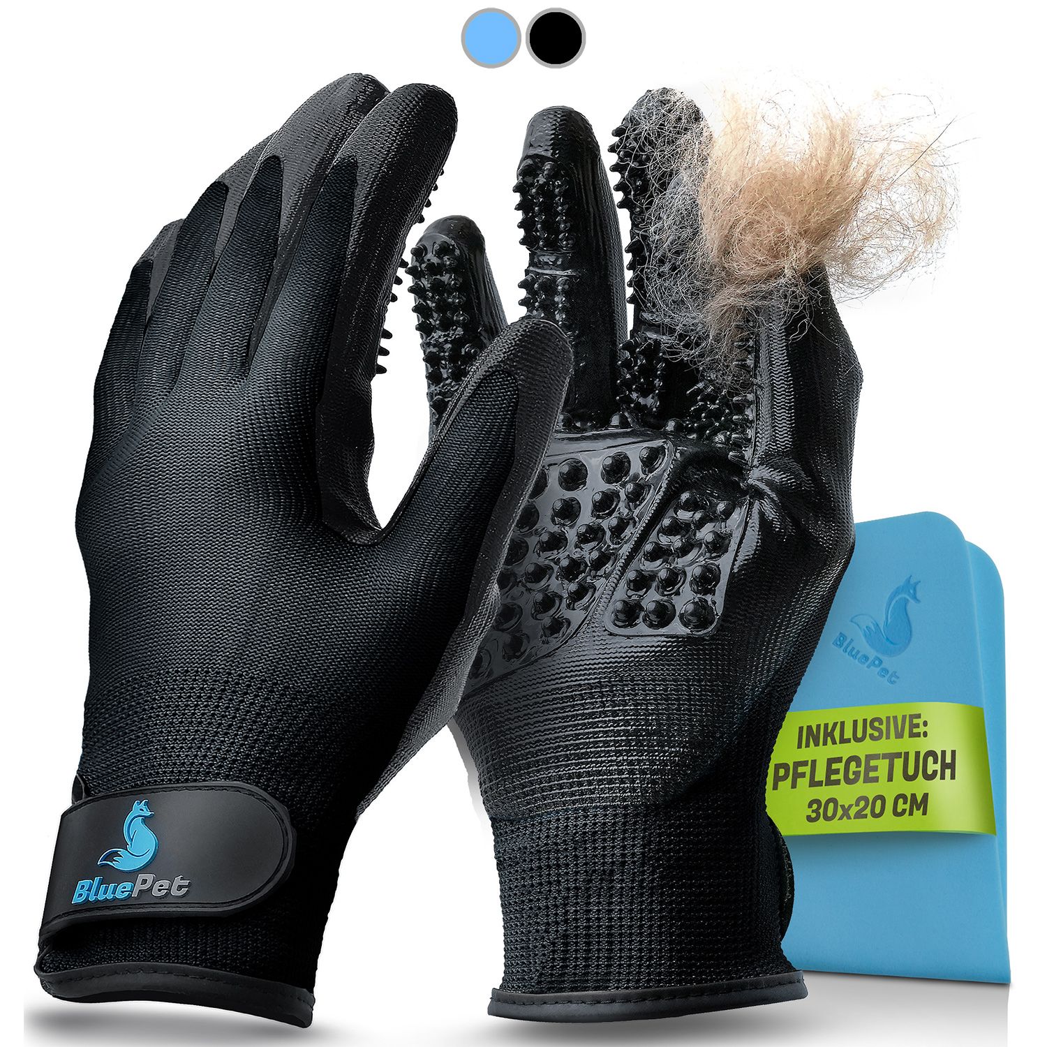 Zwei schwarze Fellpflegehandschuhe mit Noppen. Blauer Reinigungs- & Pflegetuch. Logo BluePet. Text: Inklusive Pflegetuch 30x20 cm.