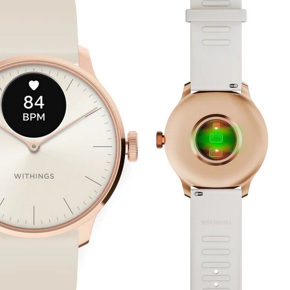 Smartwatch, Detailansicht. Herzfrequenz- und BPM-Anzeige. Rückseite mit Sensor. Marke: Withings.