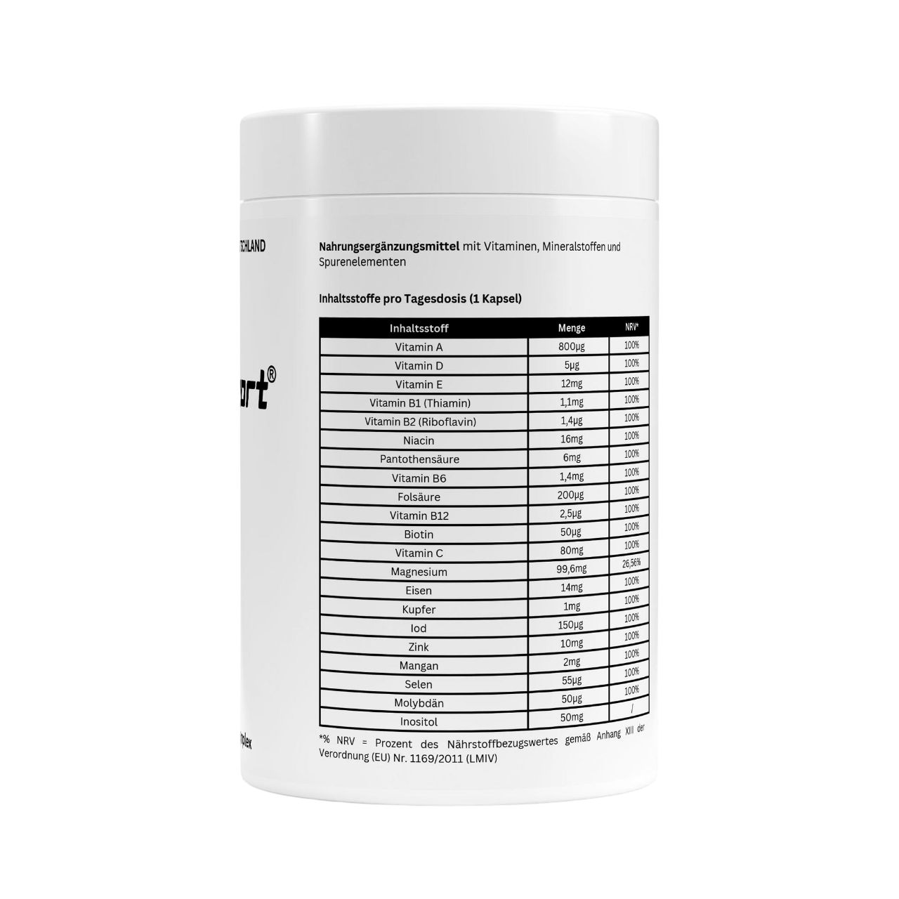 Rückseite der Dose mit Nährwertangaben pro Tagesdosis. Enthält Vitamine und Mineralstoffe. Text in deutscher Sprache.