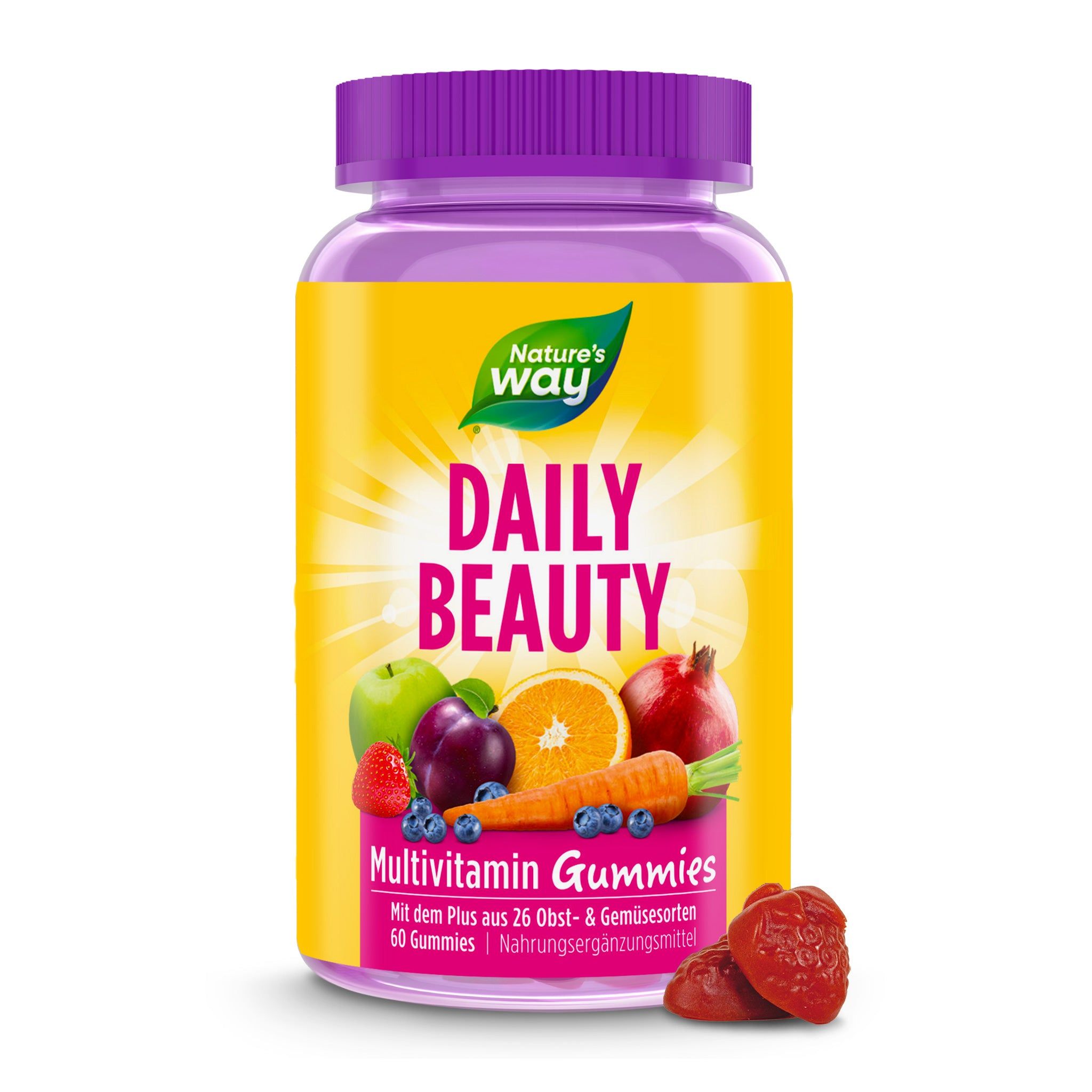 Gelbe Flasche mit lila Deckel. Aufschrift: Daily Beauty, Multivitamin Gummies. Abbildung von Früchten. 60 Gummies.