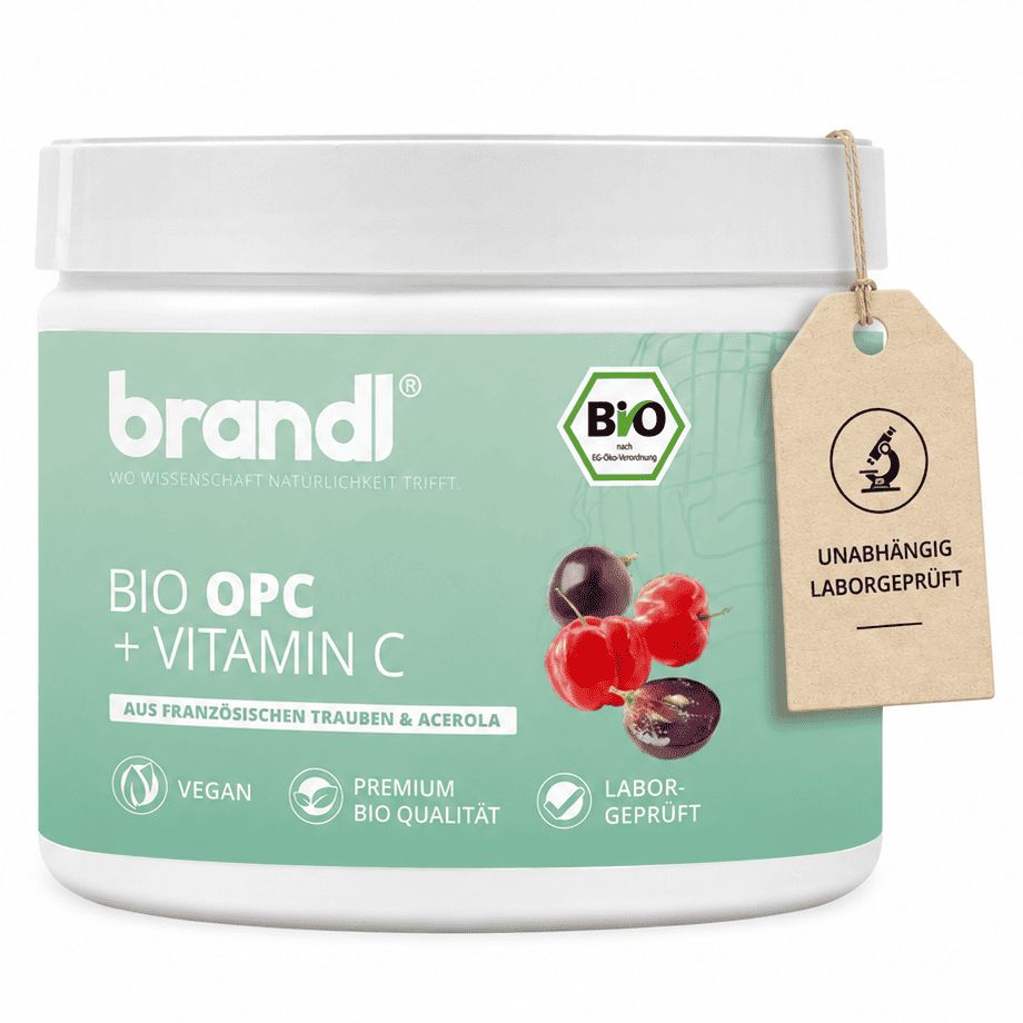 Weiße Dose brandl® BIO OPC + Vitamin C, Text: Aus französischen Trauben & Acerola. Label: Unabhängig laborgeprüft.