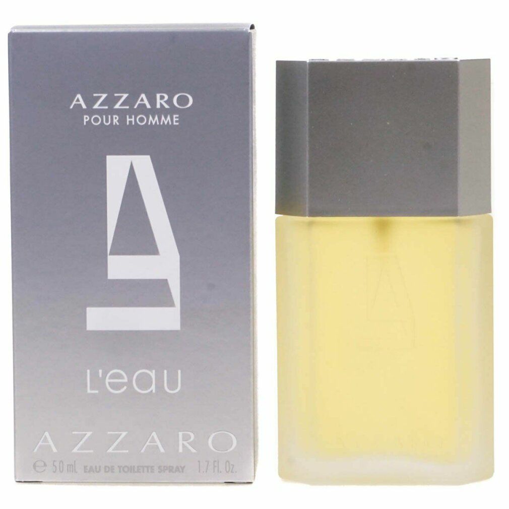 Azzaro Pour Homme L'Eau Flakon und Schachtel. Flakon rechts, Schachtel links. Graue Schachtel, rechteckiger Flakon.
