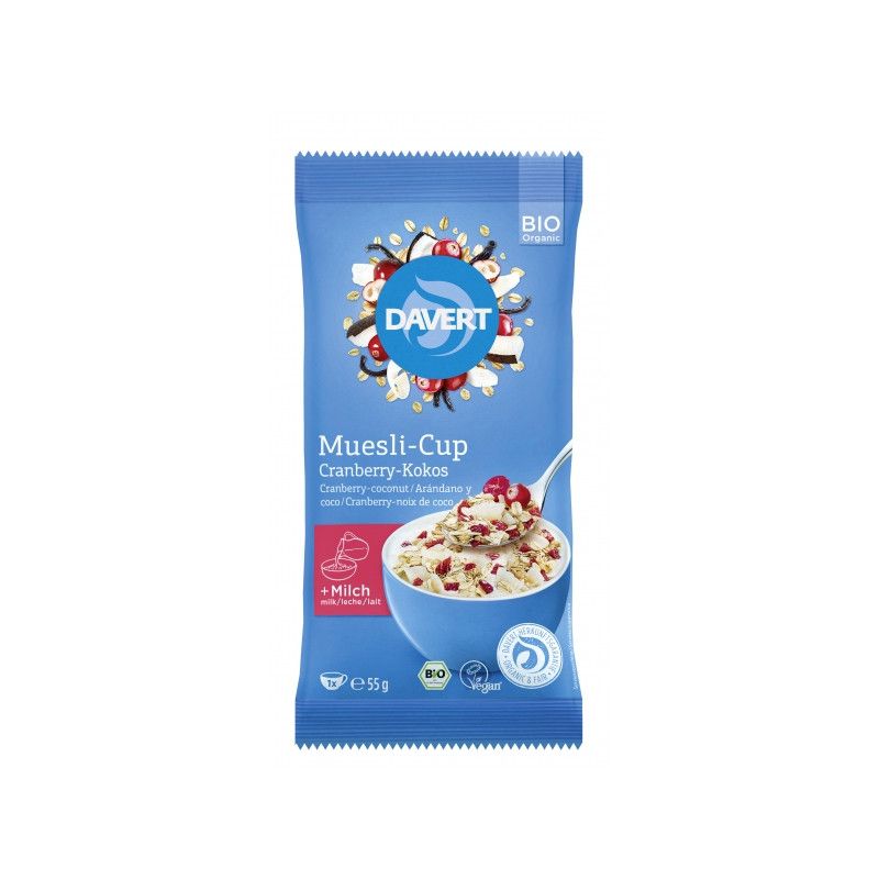 Blaue Verpackung mit Davert Muesli-Cup Cranberry-Kokos. Abbildung von Müsli in einer Schüssel. Bio-Siegel.