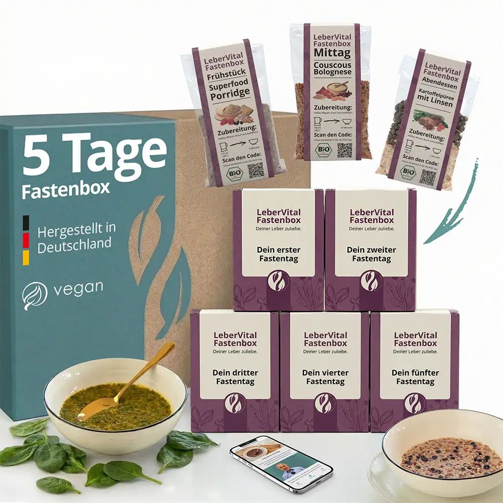 Salufast 5 Tage Fastenbox mit Produkten, Schalen und Smartphone. Enthält Mahlzeiten, Verpackungen und den Produktnamen.
