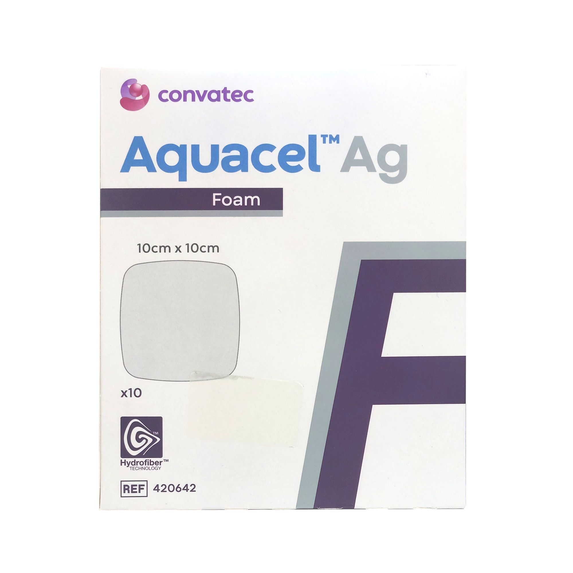 Verpackung von AQUACEL Ag Foam, 10x10 cm. Quadratische Form, Hydrofiber-Technologie. Marke Convatec.