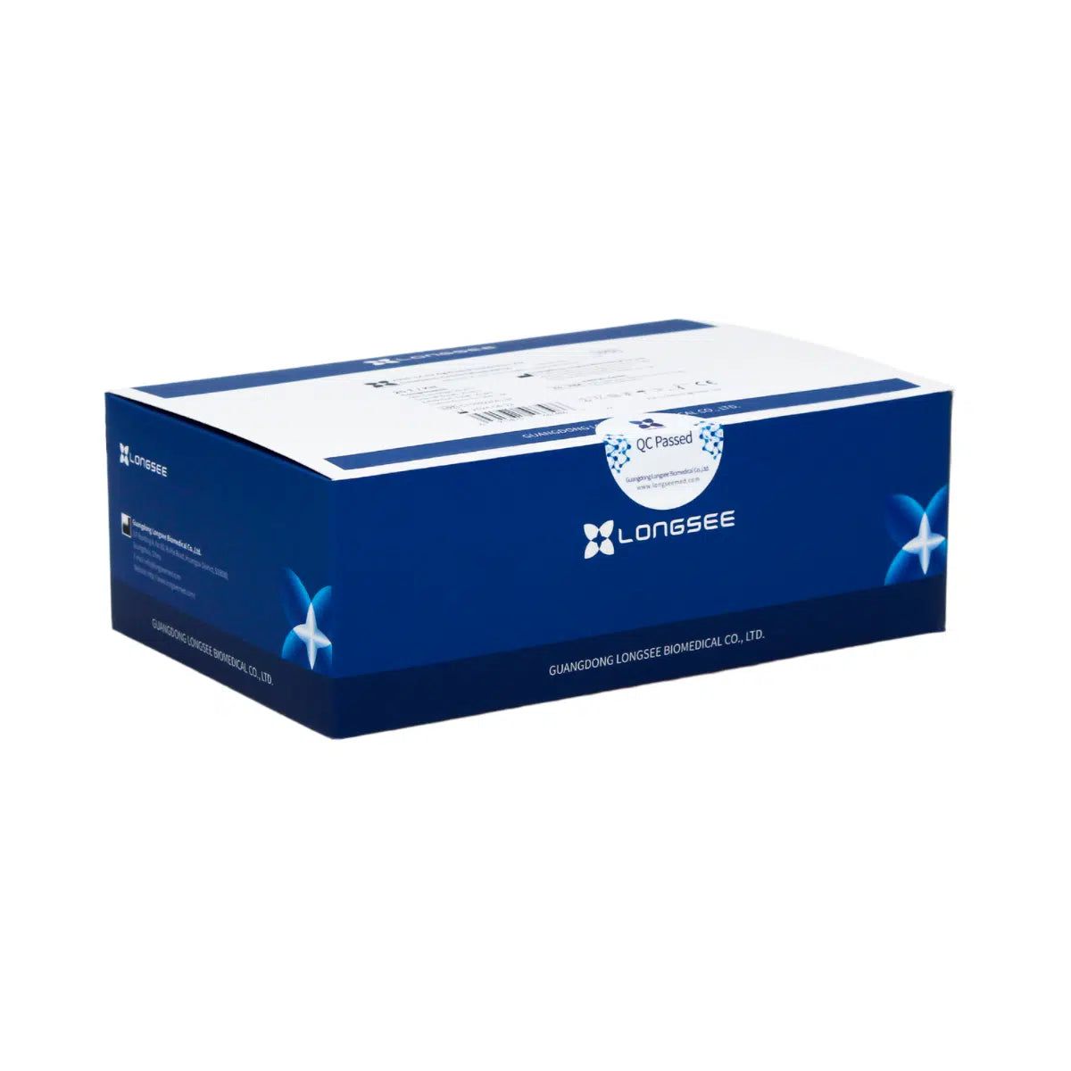 Blau-weiße Schachtel mit LONGSEE-Logo und Aufschrift. Aufkleber: QC Passed.
