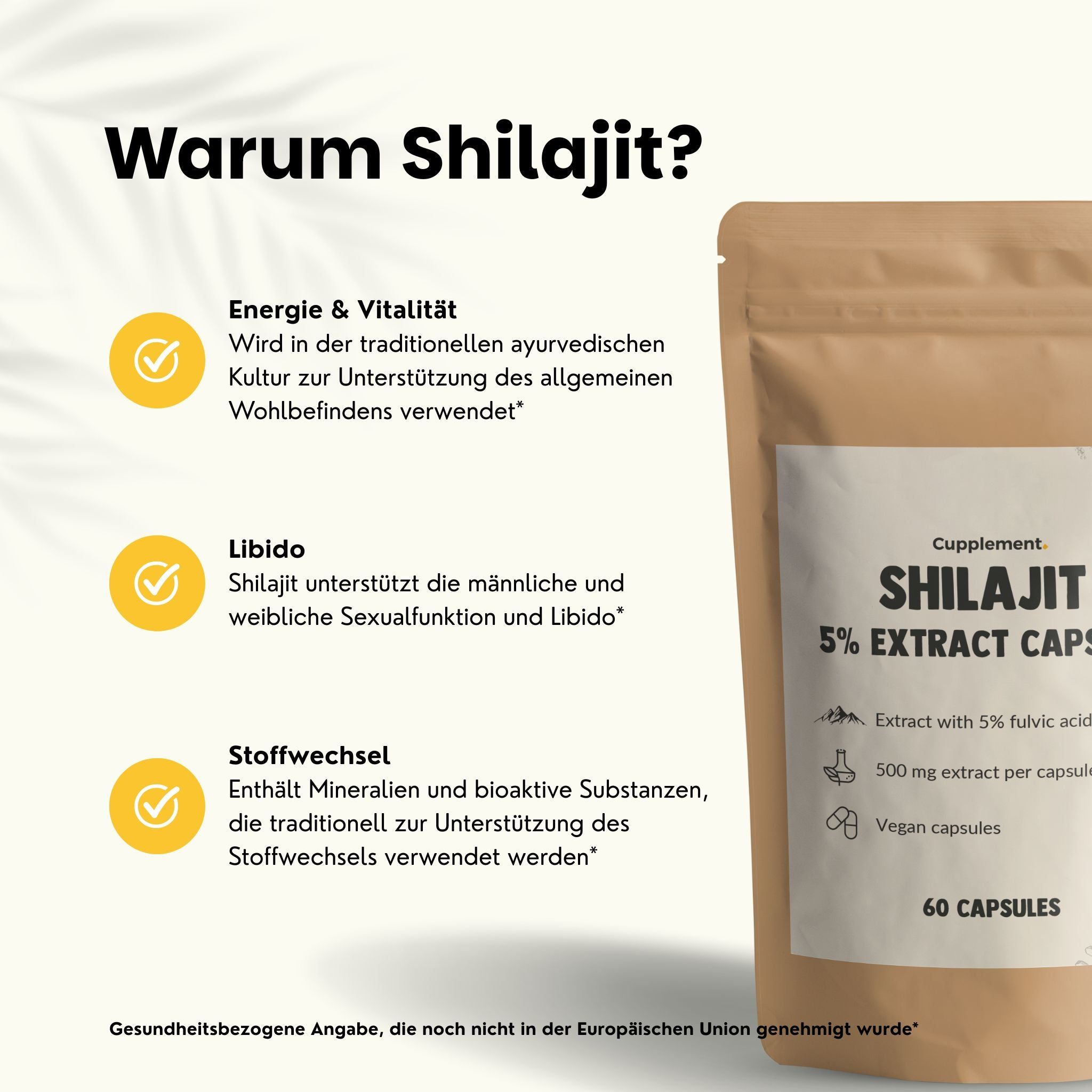 Beutel mit Shilajit Extrakt Kapseln. Text: Warum Shilajit? Energie & Vitalität, Libido, Stoffwechsel.