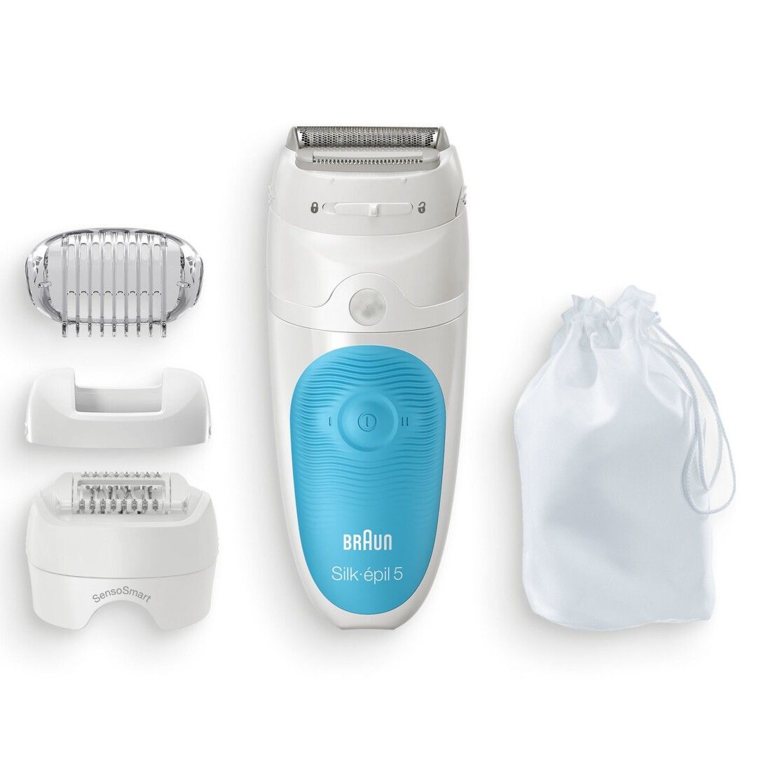 Epilierer, Zubehörteile und weißer Beutel. Auf dem Epilierer steht "Braun Silk-épil 5".