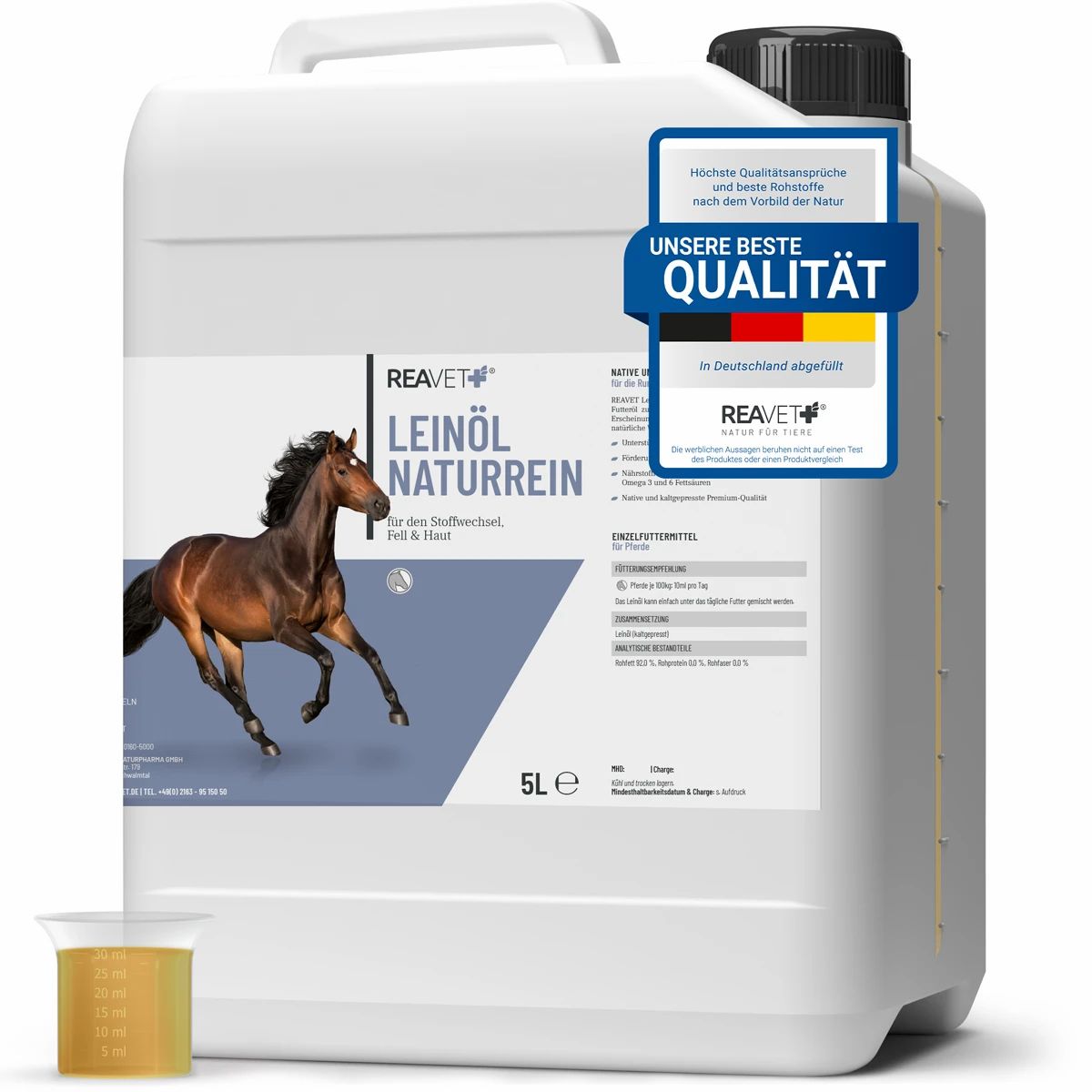 5L-Kanister Leinöl Naturrein mit Pferd. Enthält ein Etikett mit Produktinformationen und ein Messbecher.