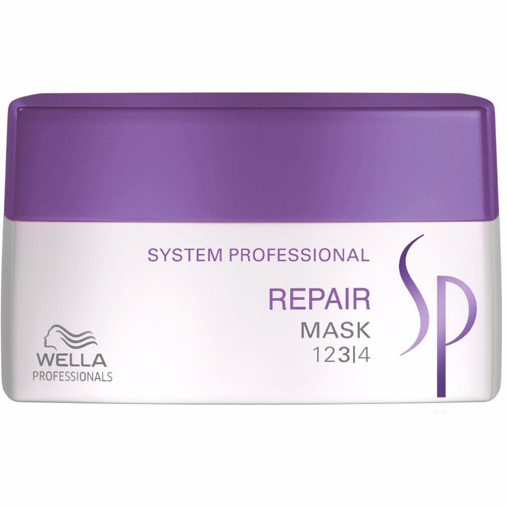 Rechteckige Dose mit lila Deckel. Aufschrift: System Professional Repair Maske. Logo Wella. Weiße Dose mit lila Deckel.