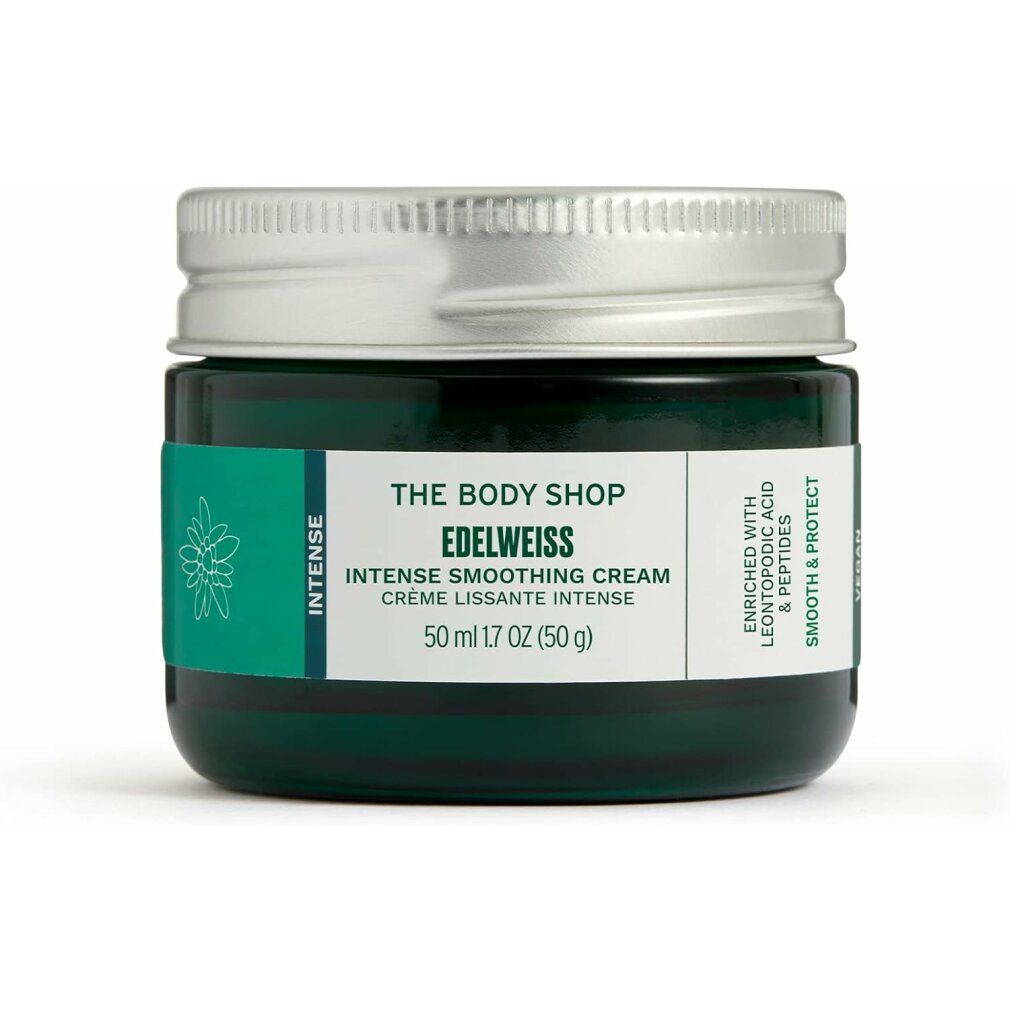 Grünes Glas mit silbernem Deckel. Aufschrift: The Body Shop, Edelweiss, Intense Smoothing Cream. Enthält Leontopodium Acid & Peptide.