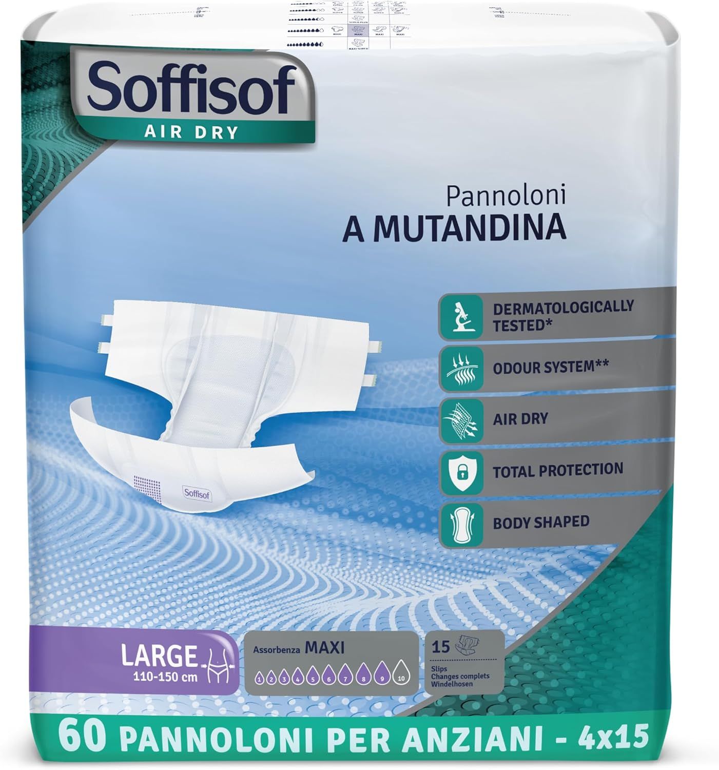 Soffisof Air Dry Windeln für Erwachsene Maxi. Weiße Windel mit blauer Verpackung. Größe Large, 60 Stück.