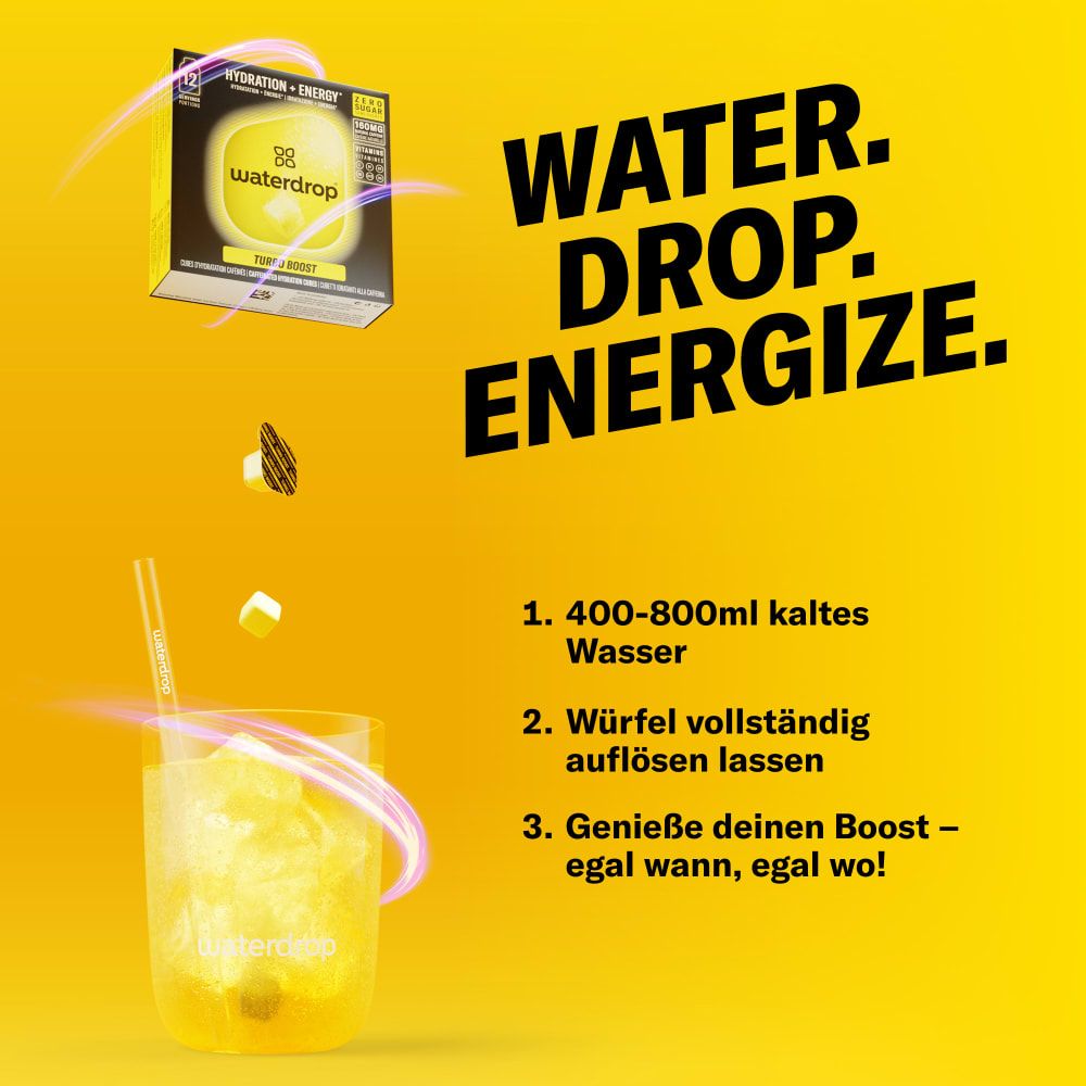 Glas mit Getränk und Würfeln. Text: 1. 400-800ml kaltes Wasser. 2. Würfel vollständig auflösen lassen. 3. Genieße deinen Boost.
