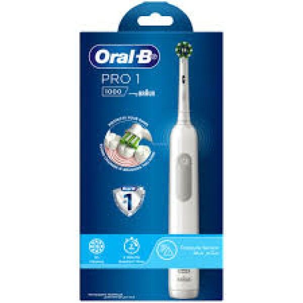 Elektrische Zahnbürste in Verpackung. Marke Oral-B Pro 1, Modell 1000. Weiße Bürste mit grünem Bürstenkopf. Blaue Verpackung mit Produktinformationen.