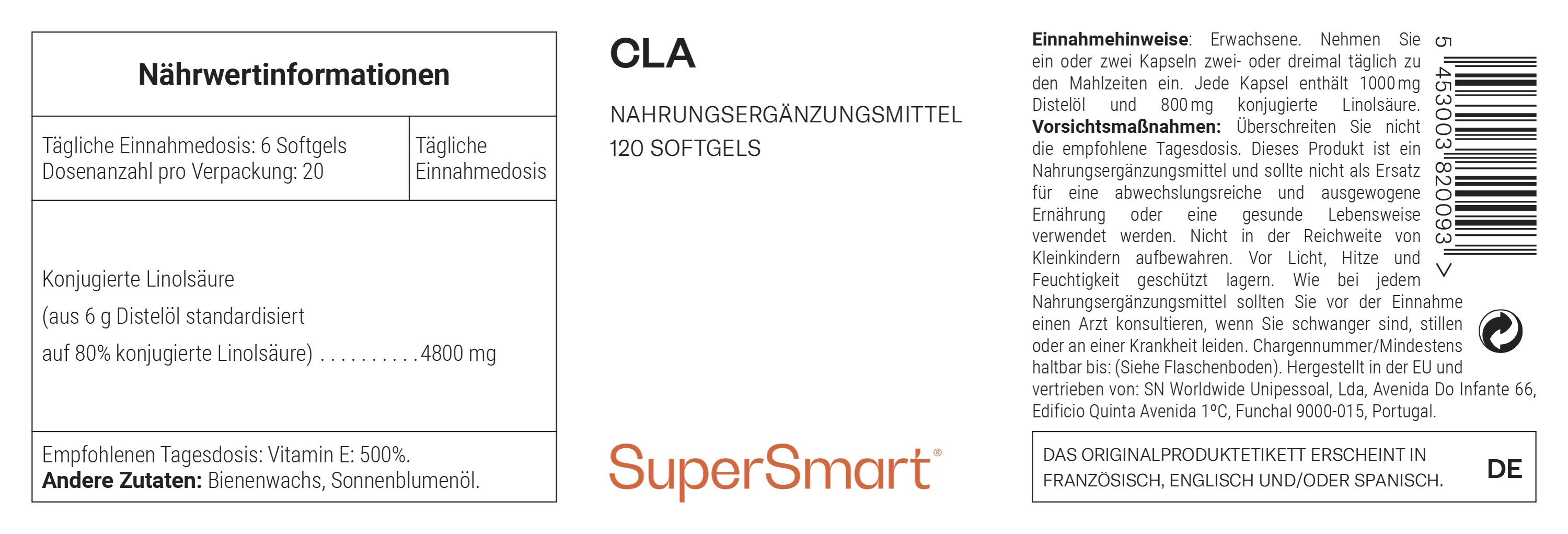 Produktetikett mit Nährwertangaben. Enthält Informationen zu Inhaltsstoffen und Dosierung. SuperSmart CLA.